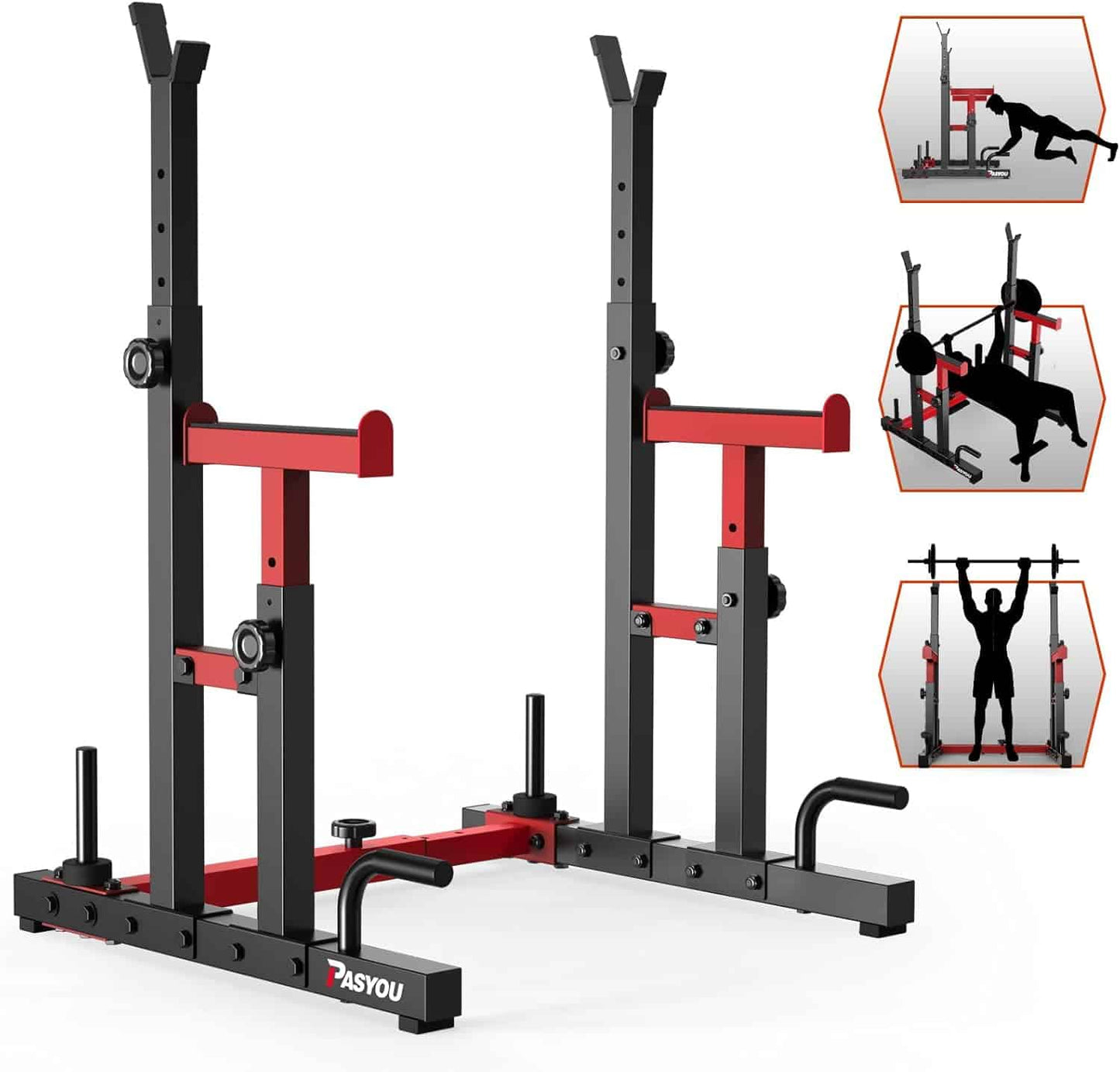 Red and black weight lifting rack with Rasyou branding on a white background