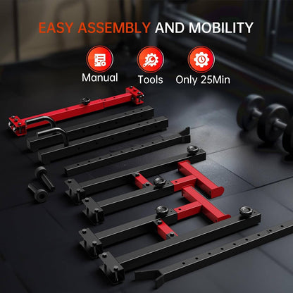 Set of red and black metal components with assembly instructions on a dark background