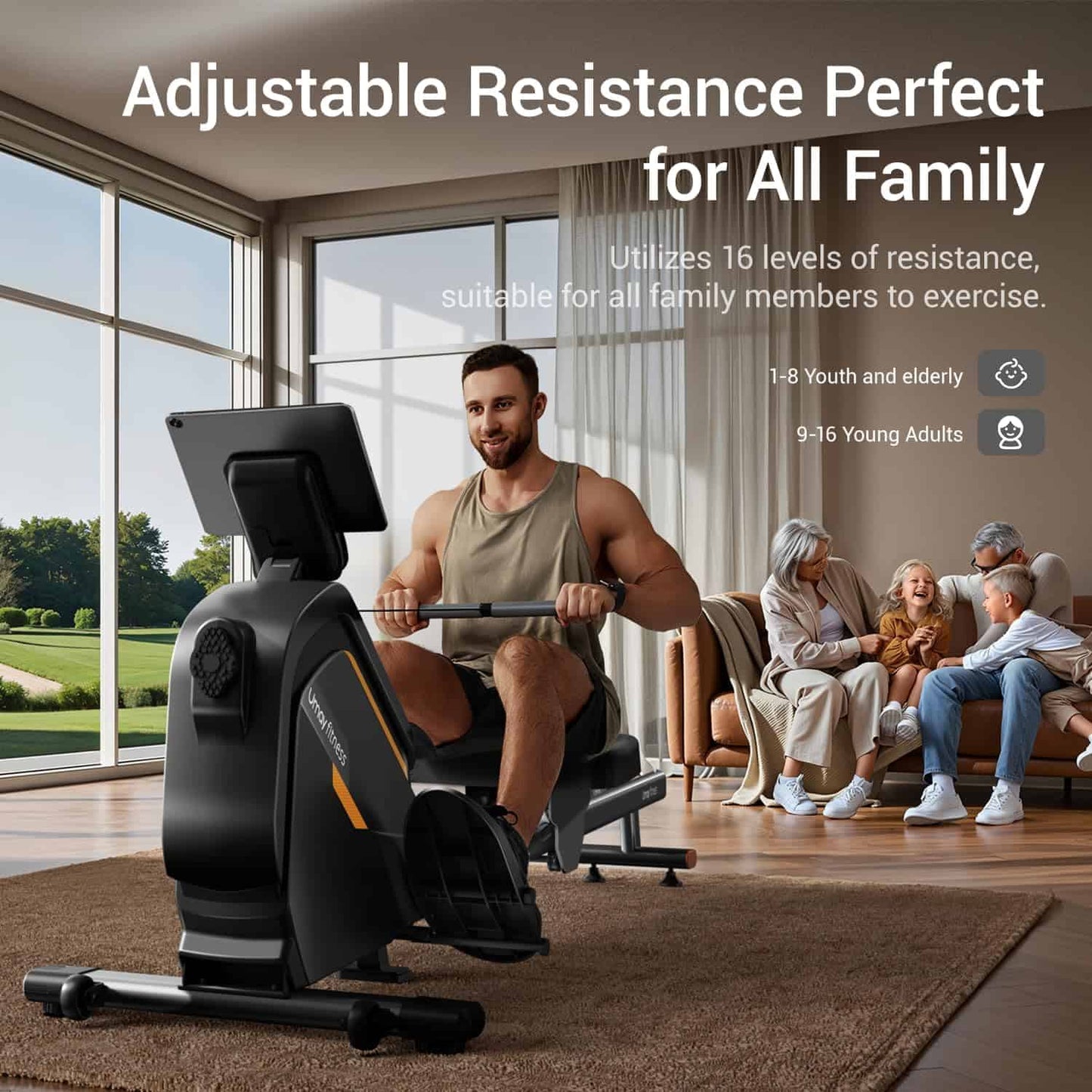 Man exercising on a rowing machine with family watching in a living room.