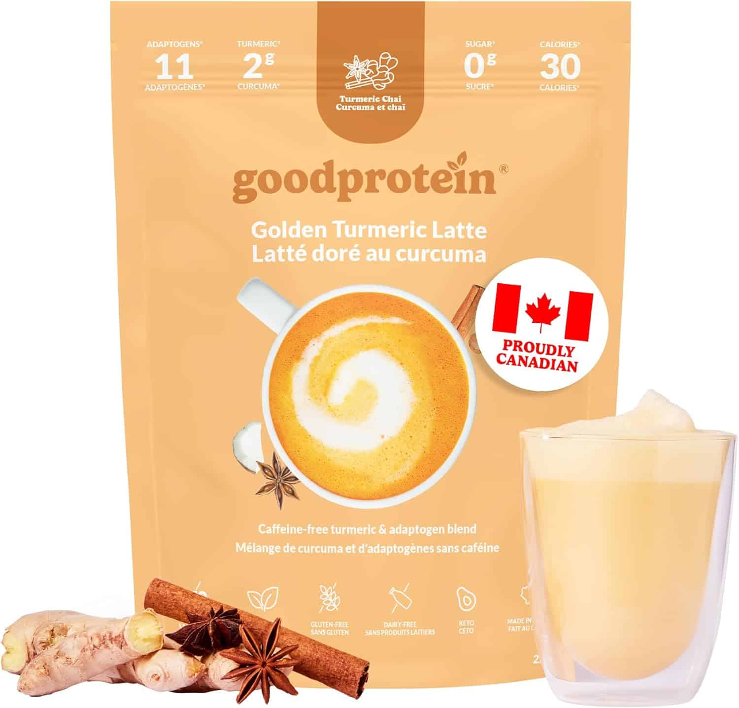 goodprotein Golden Turmeric Latte package with a glass of latte on a white background
