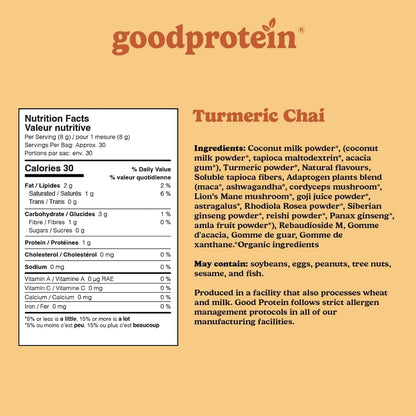 Good Protein Turmeric Chai supplement packaging with nutrition facts and ingredients list on a beige background.