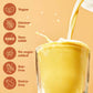 Glass of yellow juice being poured with health benefits icons on a beige background