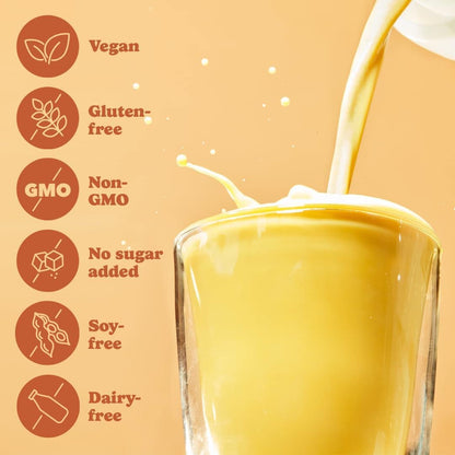 Glass of yellow juice being poured with health benefits icons on a beige background