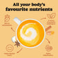 Promotional graphic for a warm beverage with health benefits on an orange background