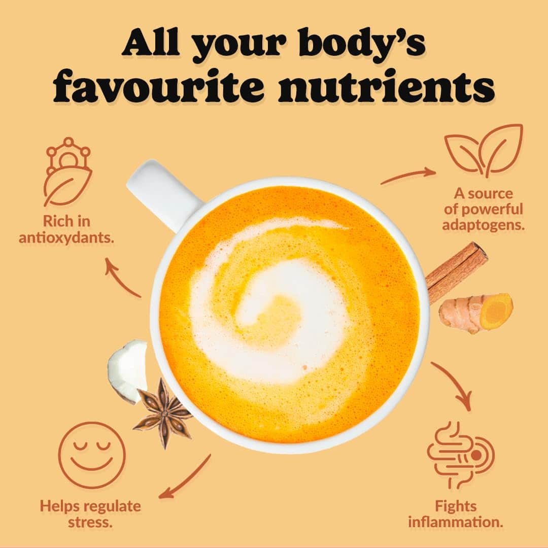 Promotional graphic for a warm beverage with health benefits on an orange background