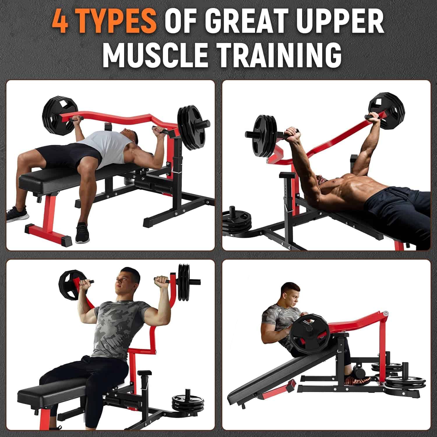 Four types of upper muscle training exercises with a person using gym equipment.