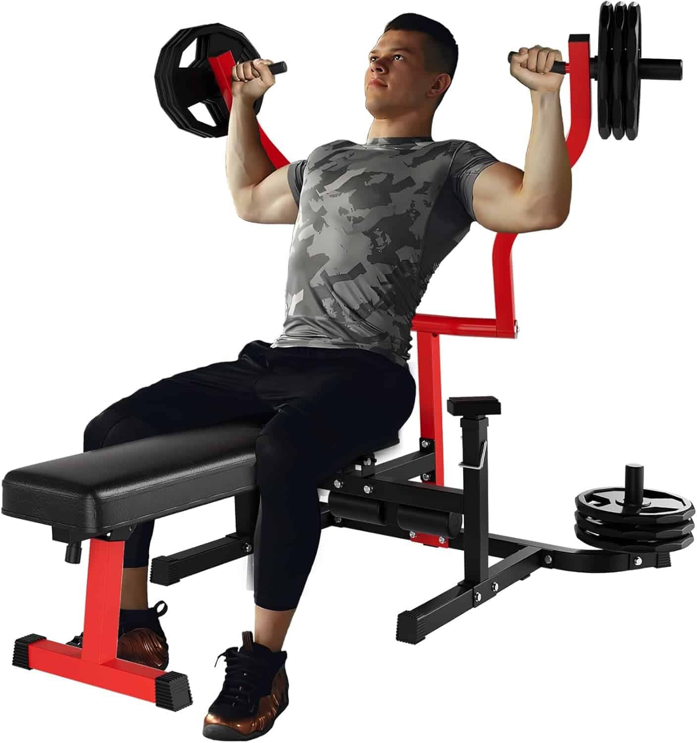 Person using a weight bench with weights on a white background