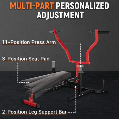 Gym bench with adjustable components labeled on a dark background