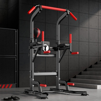 Gym exercise machine with red handles in a dark room