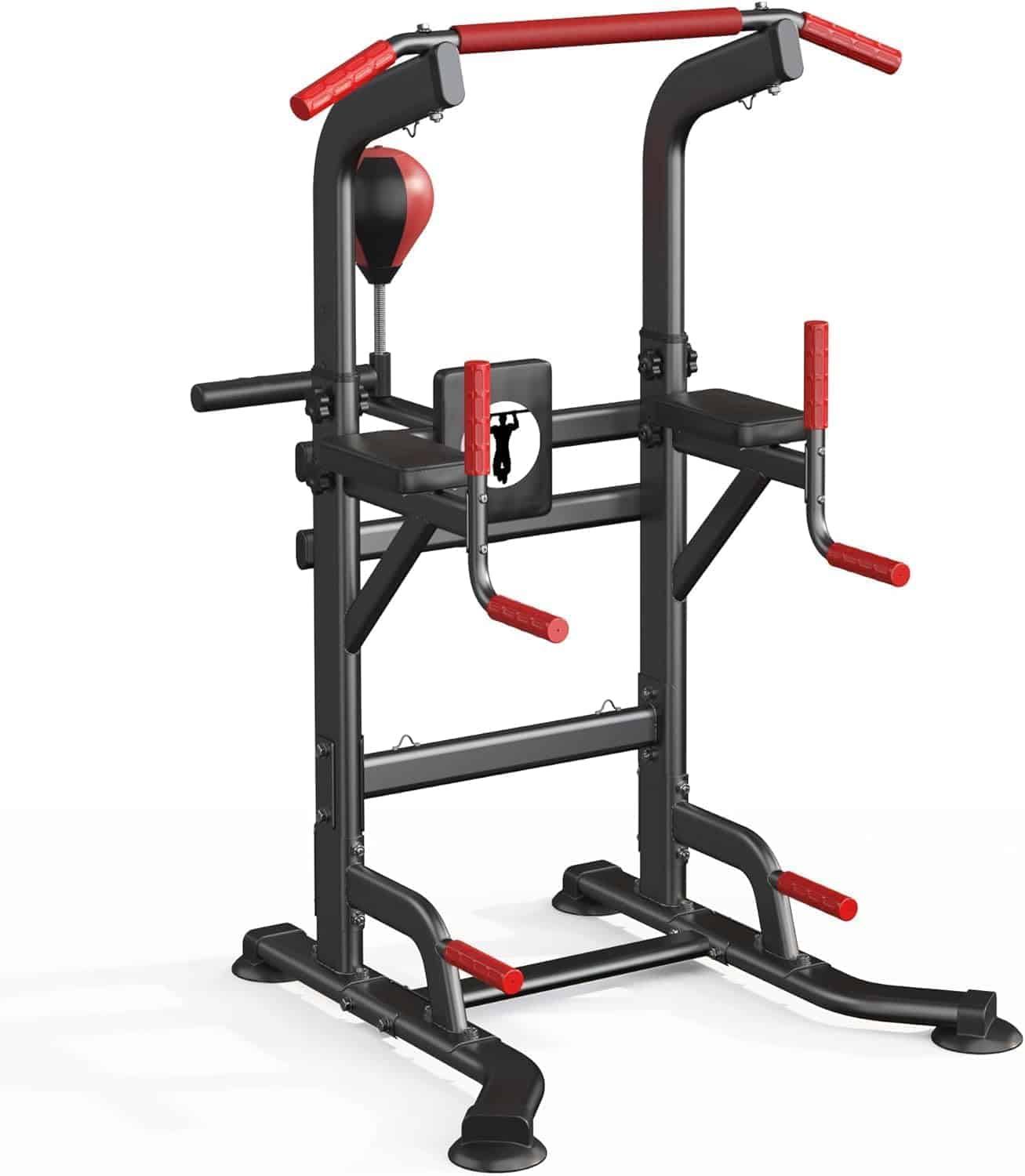 Black and red pull-up bar and weight rack on a white background