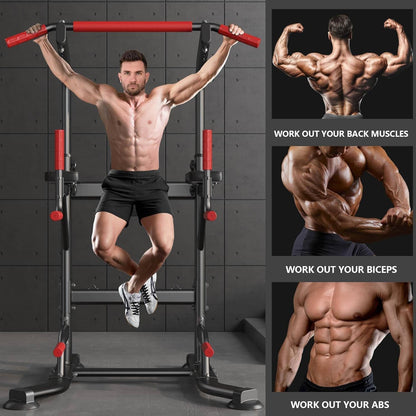 Man using a pull-up bar with fitness muscle diagrams on a dark background