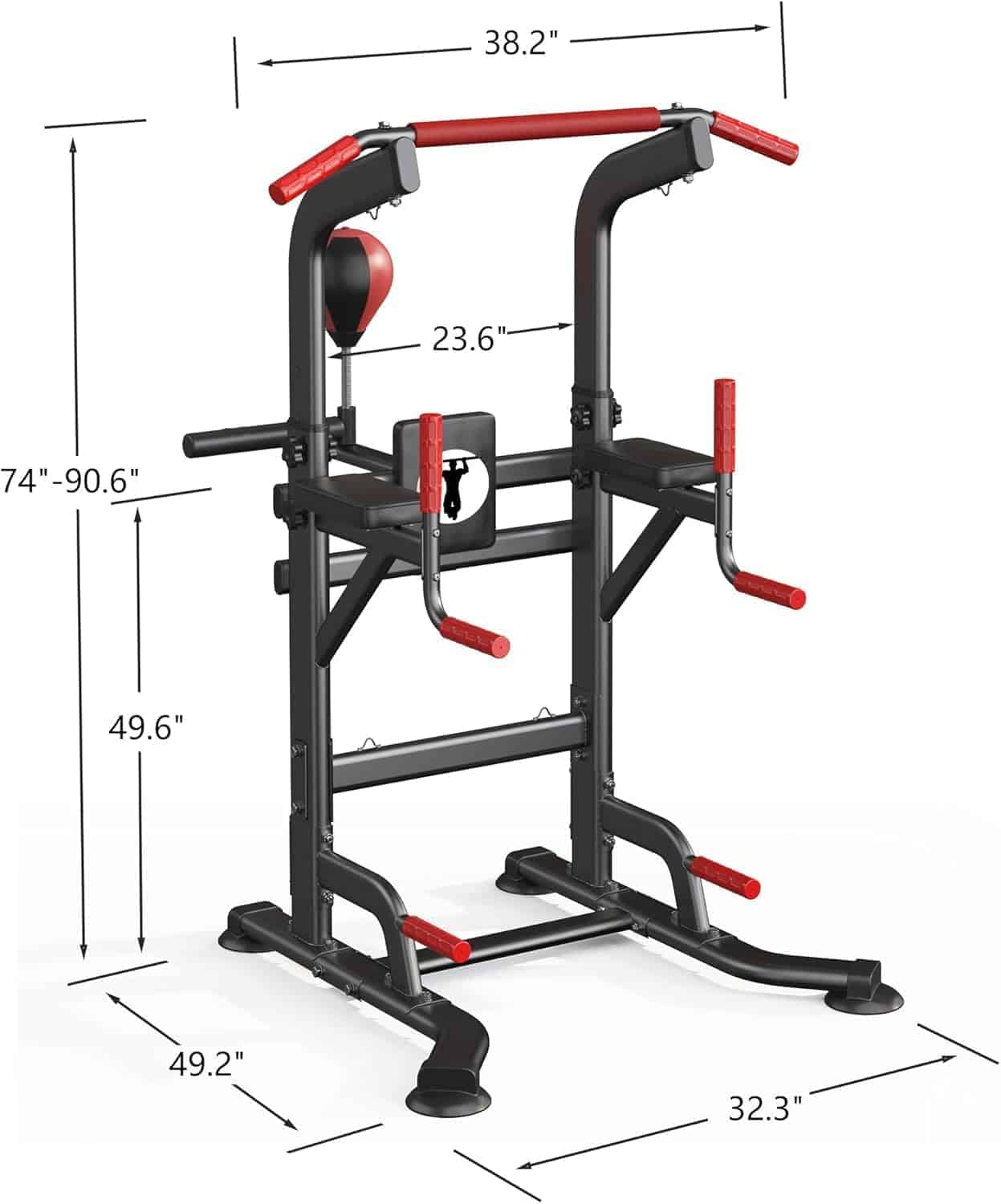 Gym exercise station with dimensions labeled on a white background