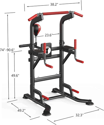 Gym exercise station with dimensions labeled on a white background