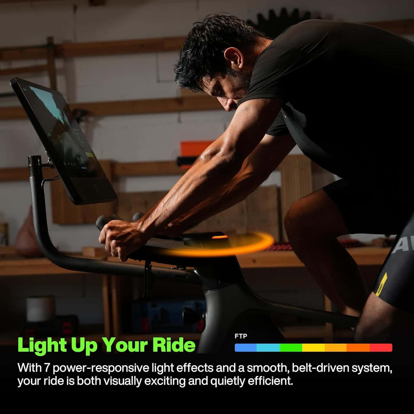 Person using a stationary bike with digital display and text about light effects.