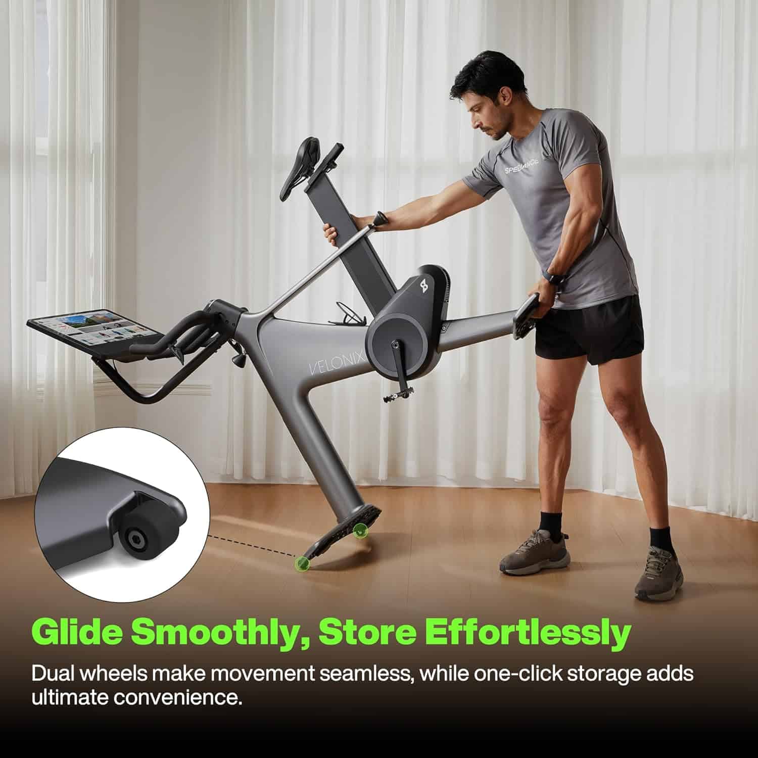 Person using a stationary bike with text highlighting ease of movement and storage.