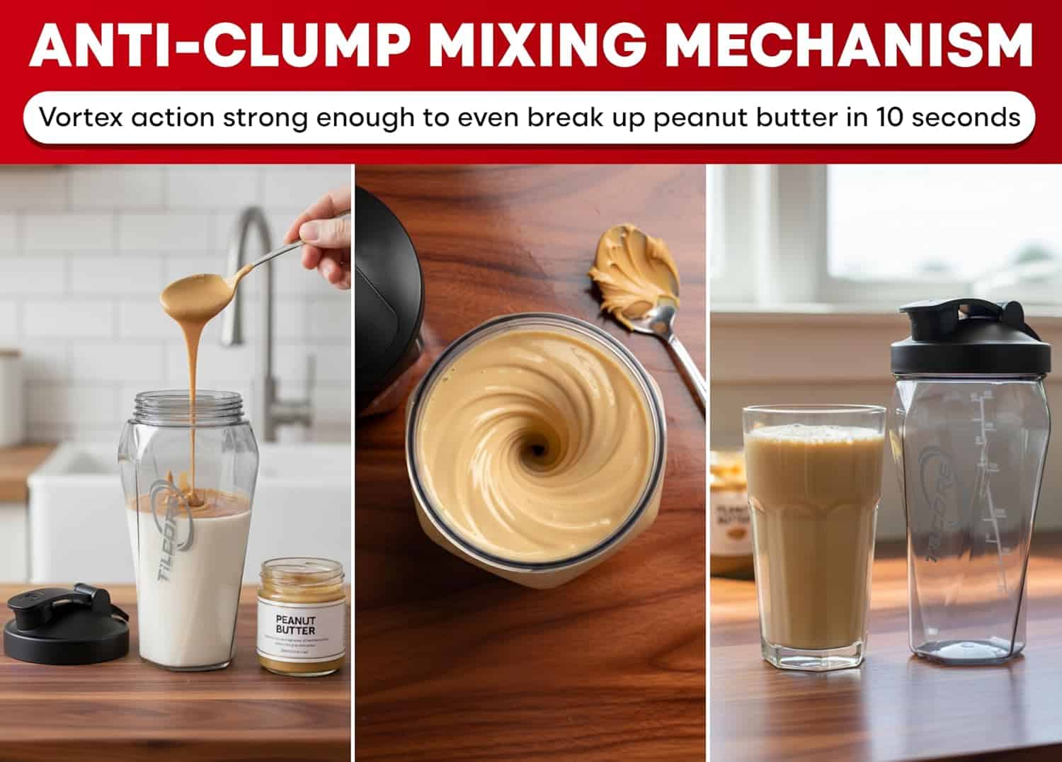 Glass jar with anti-clump mixing mechanism being used to mix ingredients.