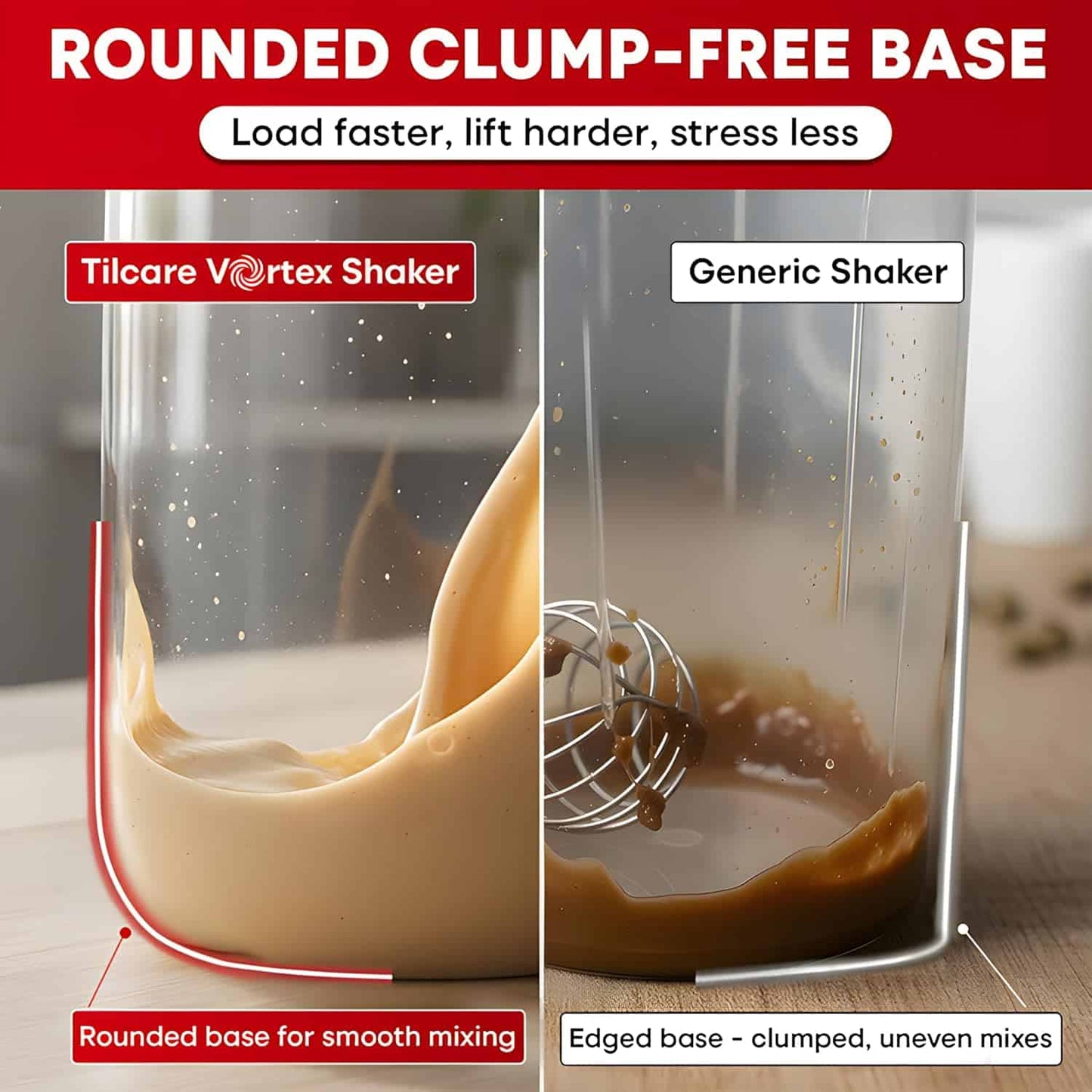 Comparison of Tilcare Vortex Shaker and generic shaker with text highlighting rounded clump-free base.