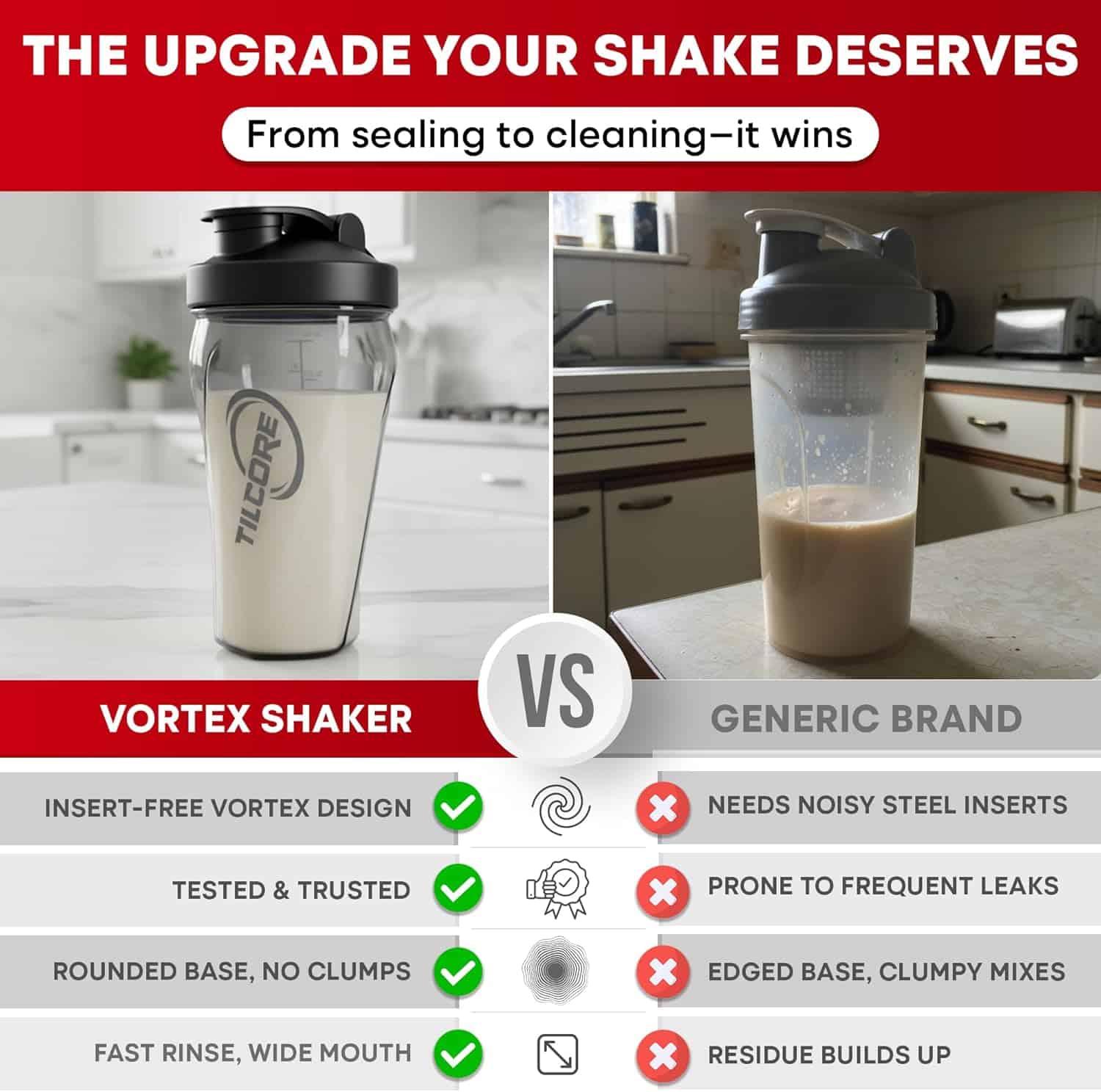 Comparison of Vortex shaker with a generic brand in a kitchen setting.