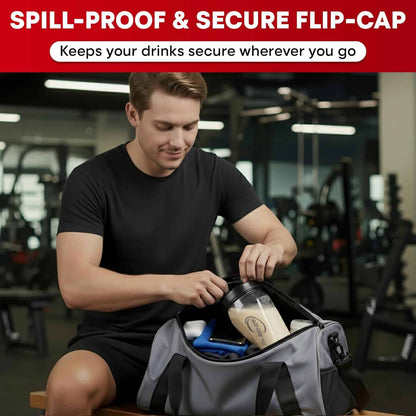 Man in a gym setting with a sports bag containing a drink container, emphasizing spill-proof and secure flip-cap feature.