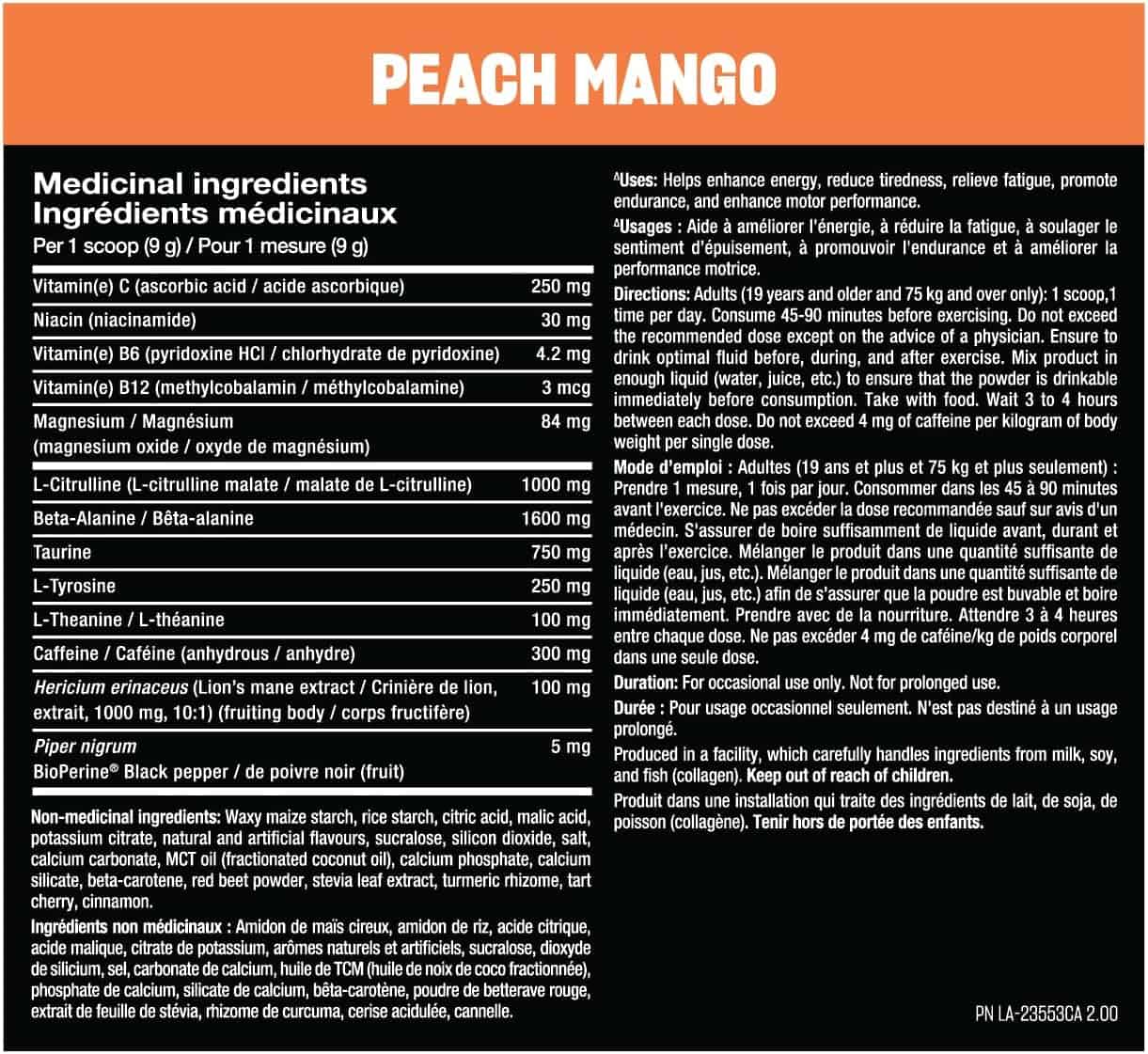 Peach Mango supplement label with medicinal ingredients and usage directions.
