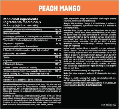 Peach Mango supplement label with medicinal ingredients and usage directions.