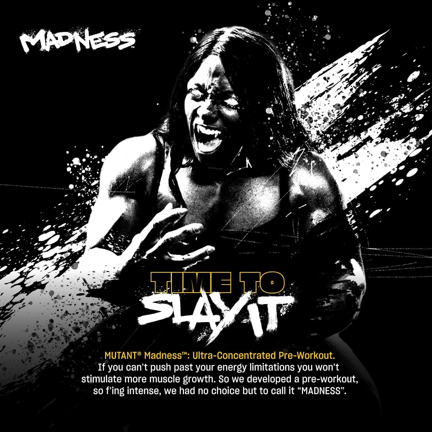 Black and white advertisement for 'MUTANT Madness' pre-workout supplement featuring a muscular person.