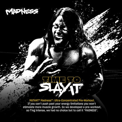 Black and white advertisement for 'MUTANT Madness' pre-workout supplement featuring a muscular person.