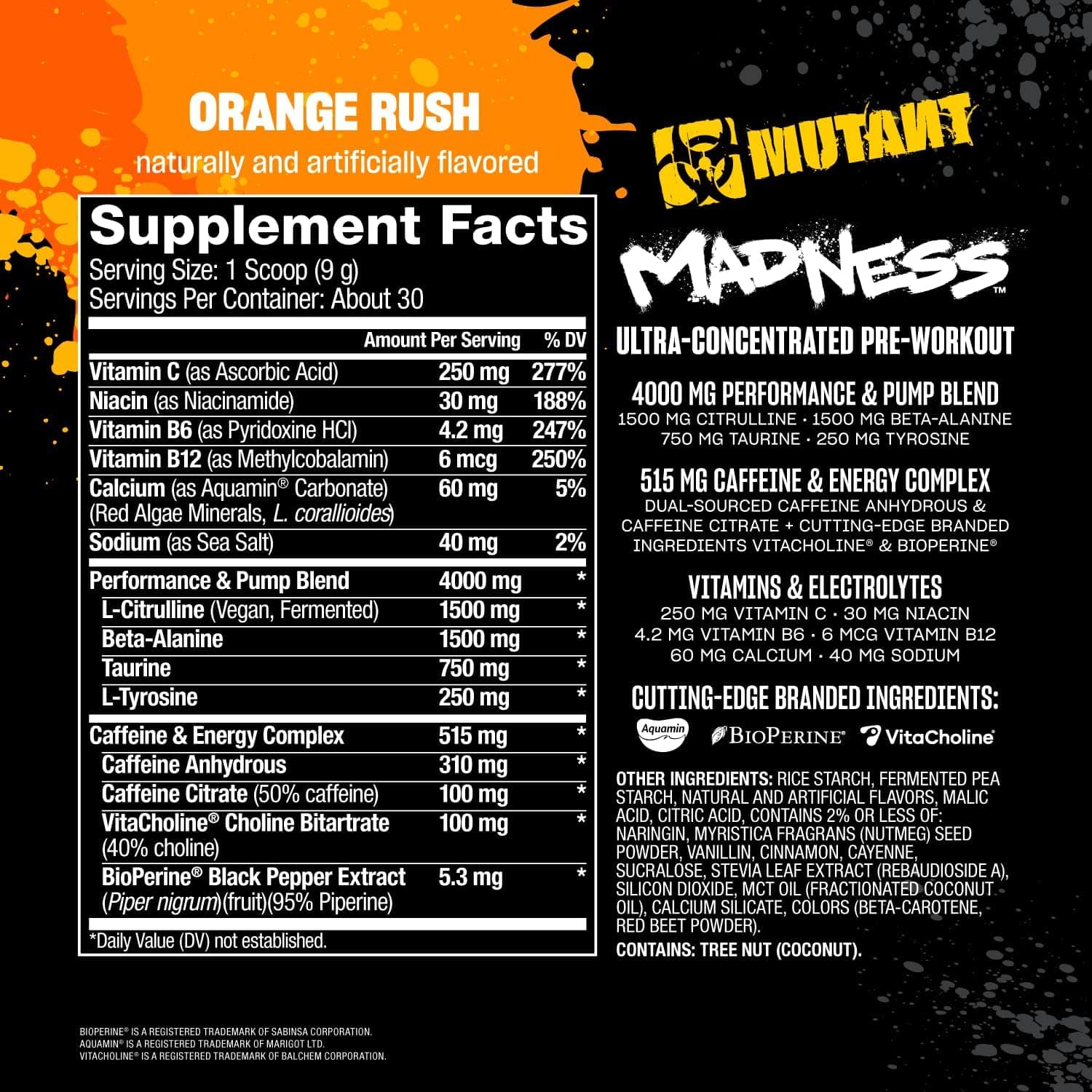 Supplement label for Mutant Madness Ultra-Concentrated Pre-Workout with detailed ingredient list and nutritional information.