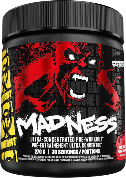 Pre-workout supplement container with a graphic design on the label