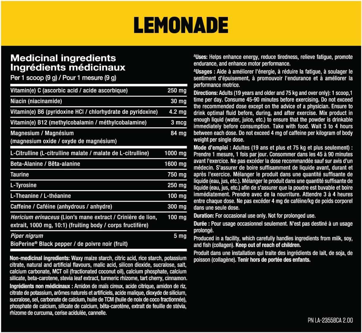 Nutritional label for lemonade with medicinal ingredients on a black background