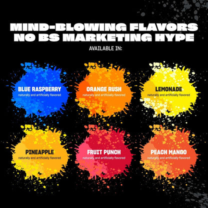 Flavor options with colorful splashes on a black background