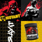 Promotional graphic for Mutant pre-workout supplement with muscular figure and text.