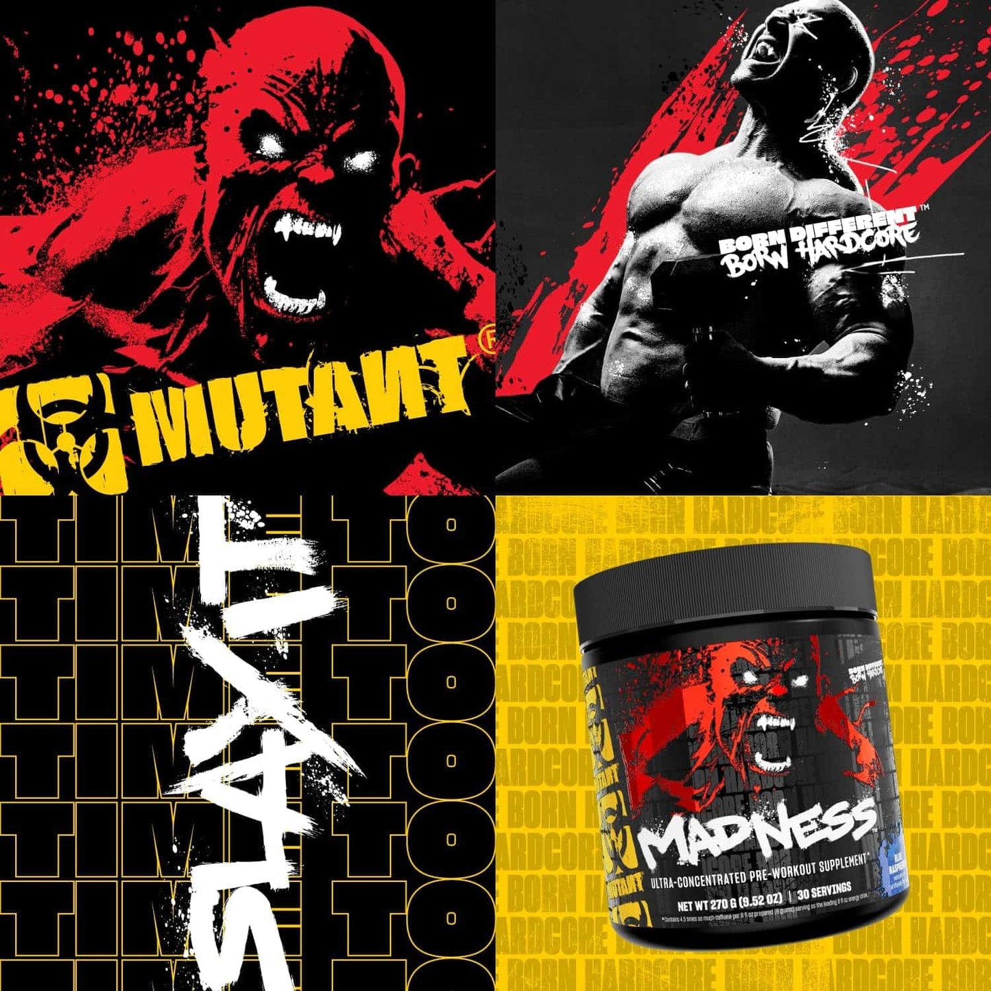 Promotional graphic for Mutant pre-workout supplement with muscular figure and text.