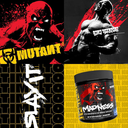 Promotional graphic for Mutant pre-workout supplement with muscular figure and text.