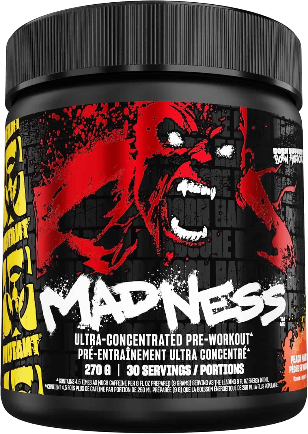 Pre-workout supplement container with a graphic design on the label