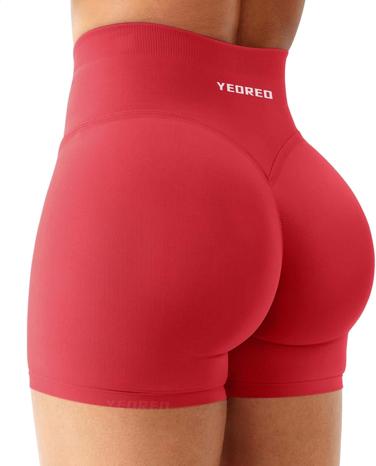Red athletic shorts with 'YEOREO' branding on a white background