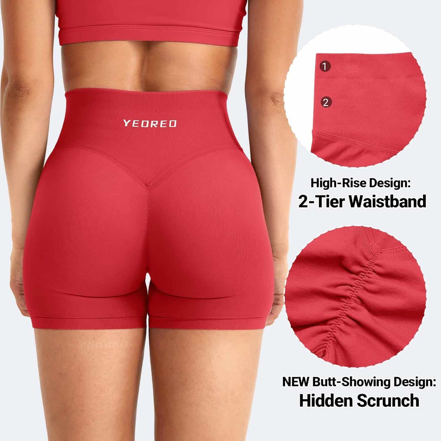 Red athletic shorts with YEOREO branding, highlighting high-rise design and hidden scrunch feature.
