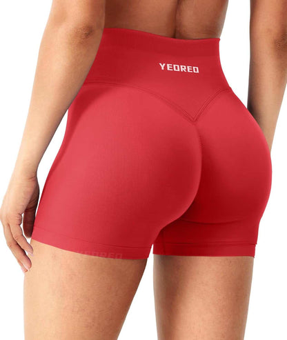 Red athletic shorts with 'YEDREO' branding on a white background