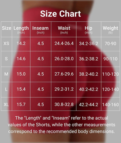 Size chart for shorts with measurements on a gray background