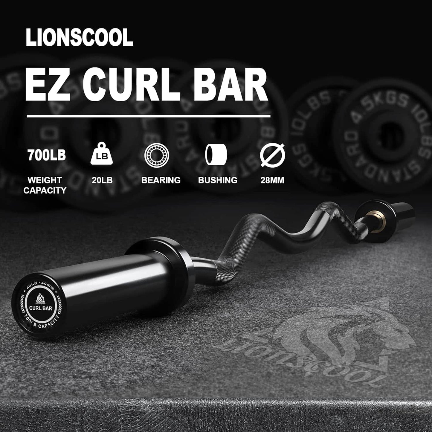 Lionscool EZ Curl Bar with weight capacity and features displayed on a dark background