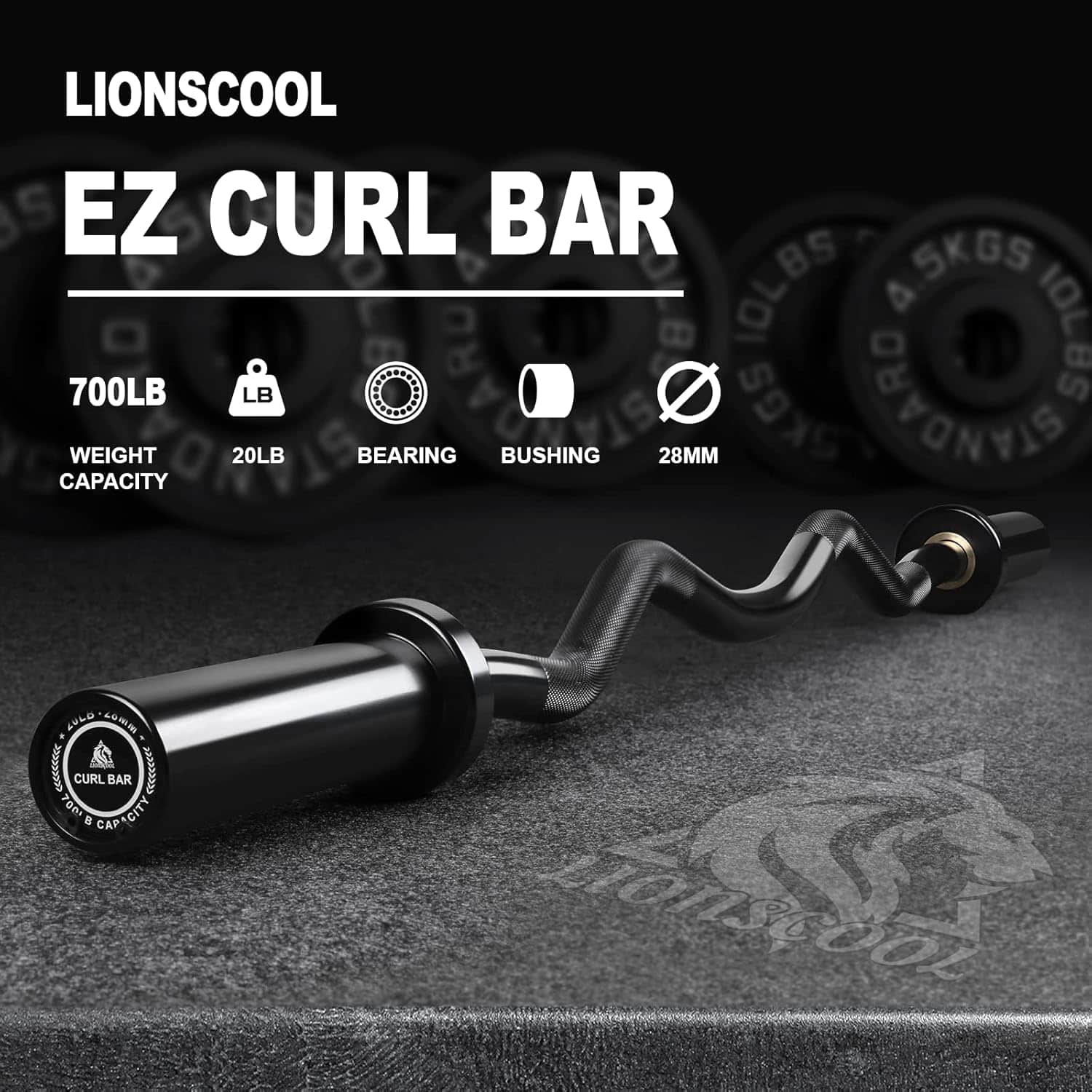 Lionscool EZ Curl Bar with weight capacity and features displayed on a dark background