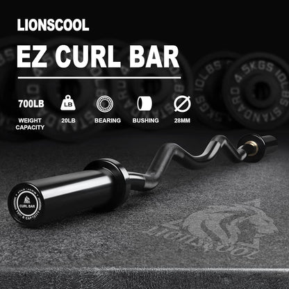 Lionscool EZ Curl Bar with weight capacity and features displayed on a dark background