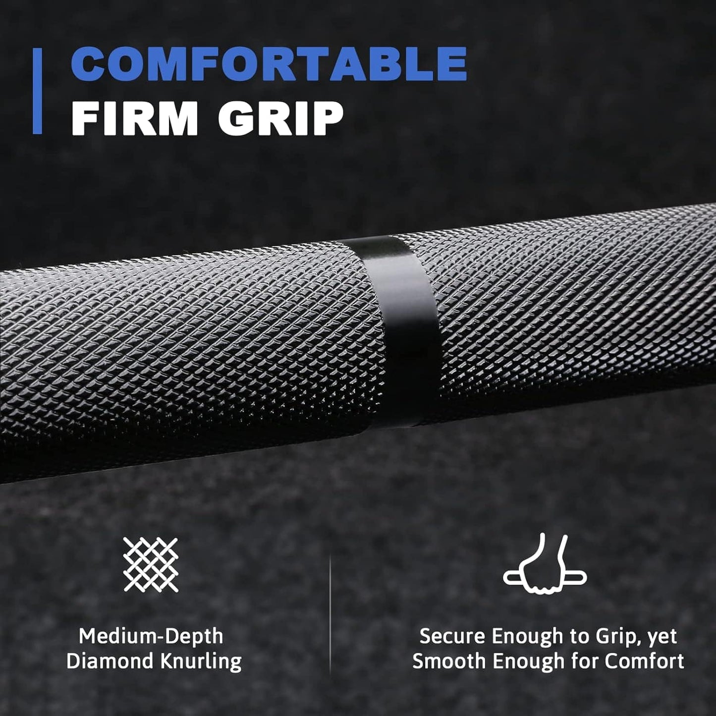 Textured grip handle with 'Comfortable Firm Grip' text and features on a dark background