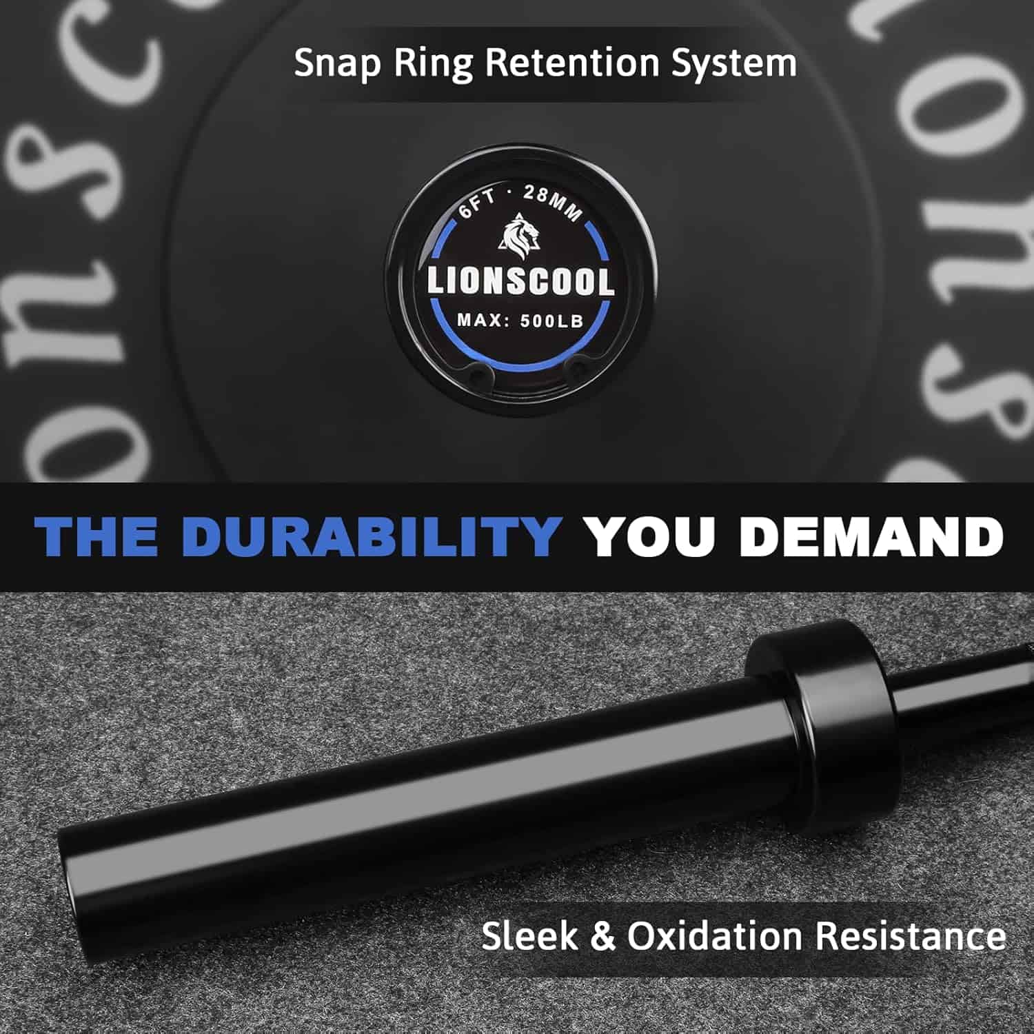 Lionscool snap ring retention system with branding and durability text on a dark background