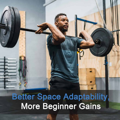 Man lifting a barbell in a gym with text overlay about space adaptability and beginner gains.