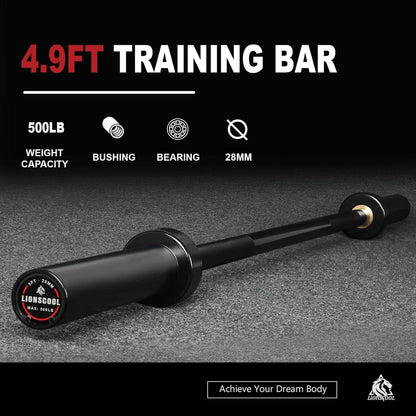 4.9FT training bar with specifications on a dark background