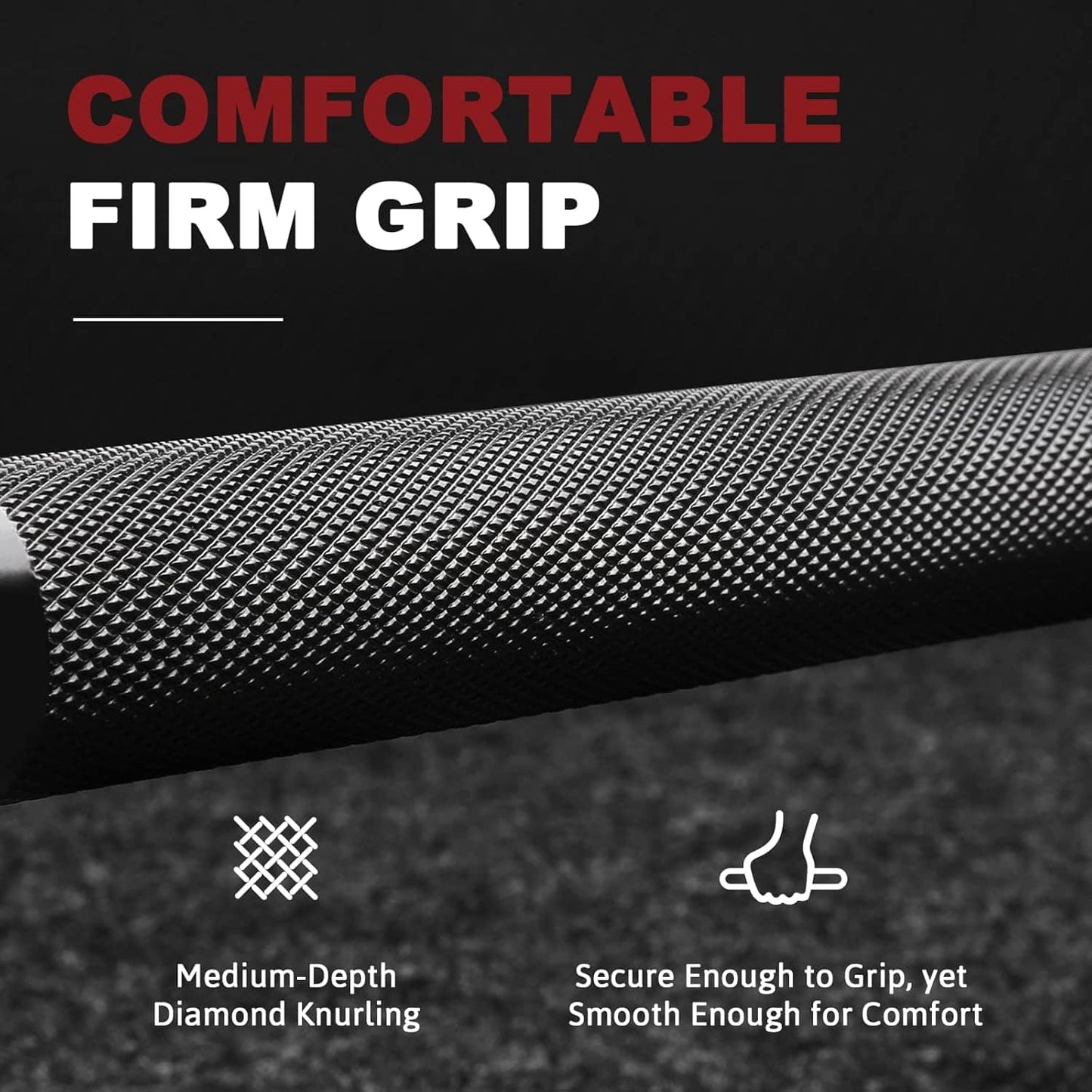 Textured grip bar with 'Comfortable Firm Grip' text and diamond knurling details on a black background.