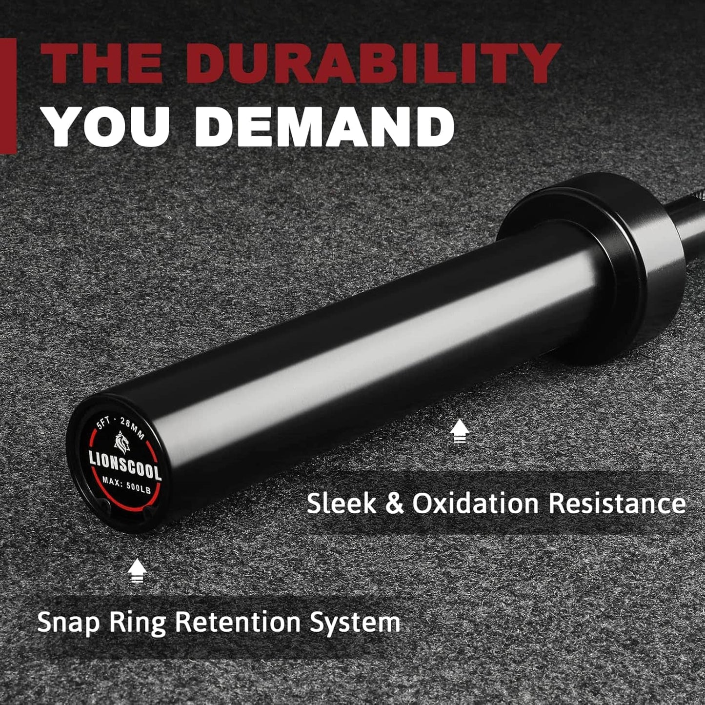 Black metal rod with 'Lionscout' branding on a dark background, highlighting durability and features.