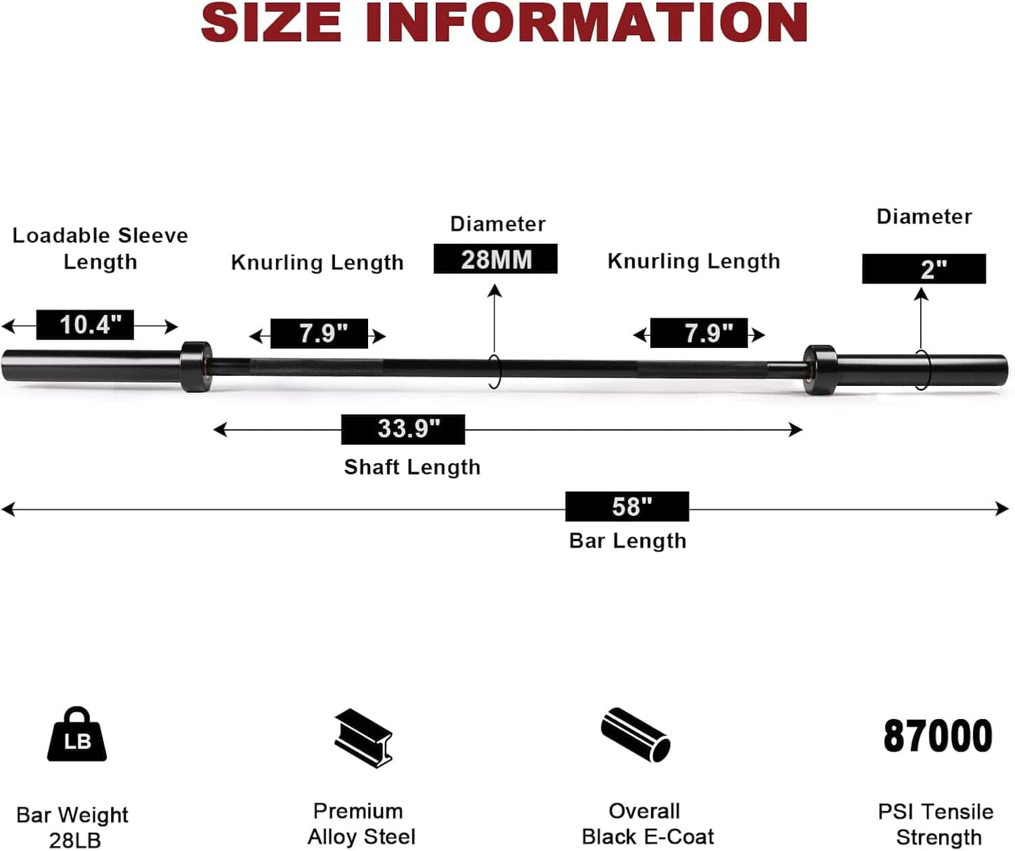 Measurement chart for a barbell with specifications including loadable sleeve length, knurling length, diameter, shaft length, and bar length.