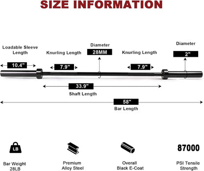 Measurement chart for a barbell with specifications including loadable sleeve length, knurling length, diameter, shaft length, and bar length.